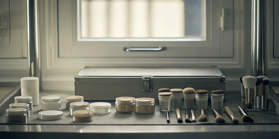 A professional mortuary restorative art cosmetics kit neatly arranged on a clean stainless steel table.