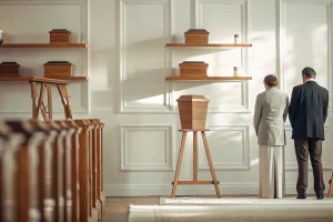 Dignified urn display stands in a funeral home chapel with warm lighting and professional memorial presentation