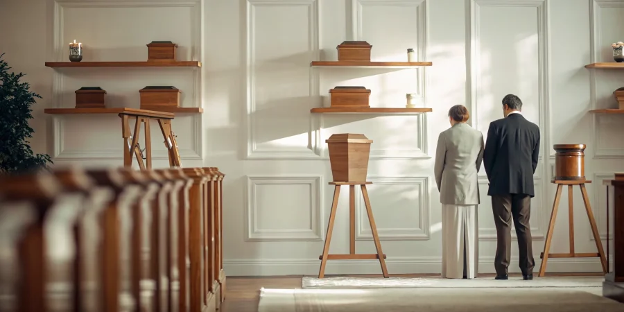 Dignified urn display stands in a funeral home chapel with warm lighting and professional memorial presentation