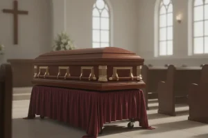 A church truck draped in elegant burgundy fabric in a funeral home chapel