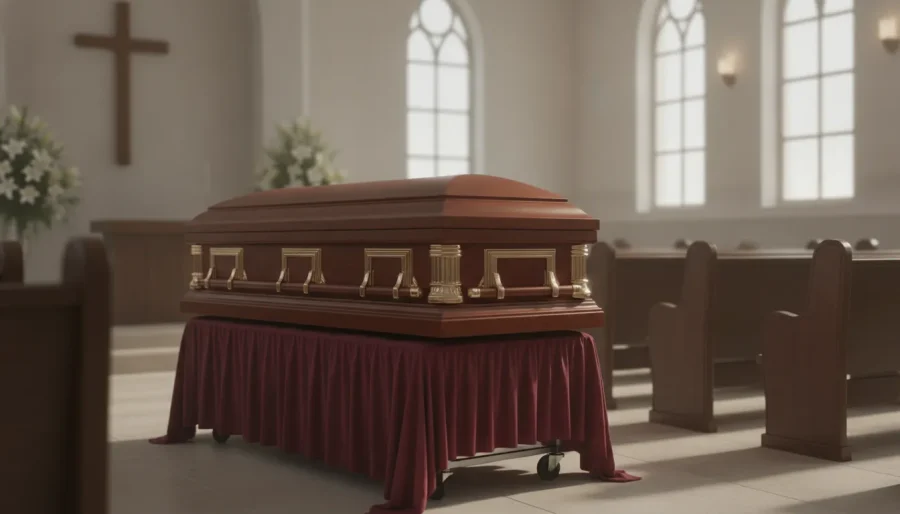 A church truck draped in elegant burgundy fabric in a funeral home chapel