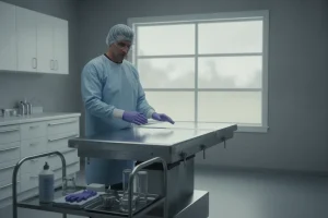 Funeral home professional reviewing bloodborne pathogens safety procedures in a preparation room