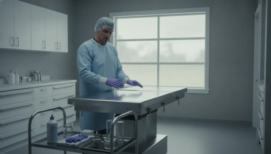 Funeral home professional reviewing bloodborne pathogens safety procedures in a preparation room