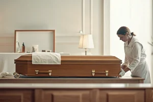Dignified professional preparing a clean mortuary transport supply for a funeral home