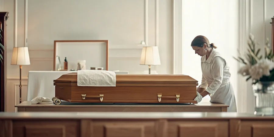 Dignified professional preparing a clean mortuary transport supply for a funeral home