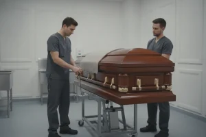 Funeral professionals guiding a hydraulic casket lift in a mortuary preparation room