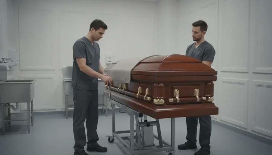 Funeral professionals guiding a hydraulic casket lift in a mortuary preparation room