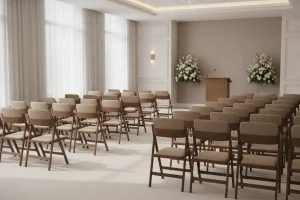 Church chairs arranged in a bright funeral home chapel