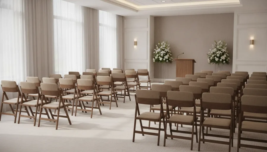 Church chairs arranged in a bright funeral home chapel