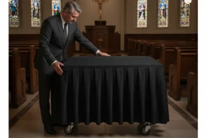 Dignified funeral director draping a tailored church truck skirt over a church truck in a chapel