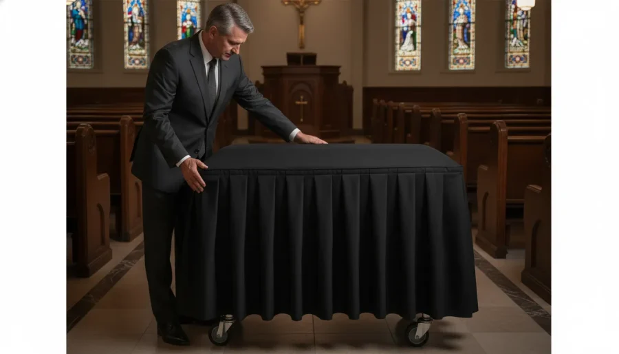 Dignified funeral director draping a tailored church truck skirt over a church truck in a chapel
