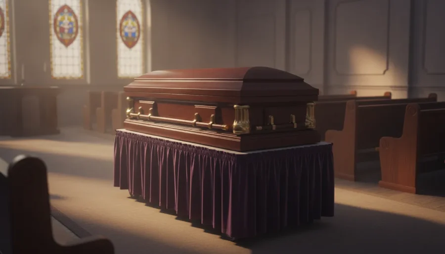 Church truck surround presenting a casket in a funeral home chapel