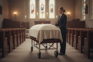 A sturdy anodized aluminum church truck with caster wheels inside a dignified funeral chapel