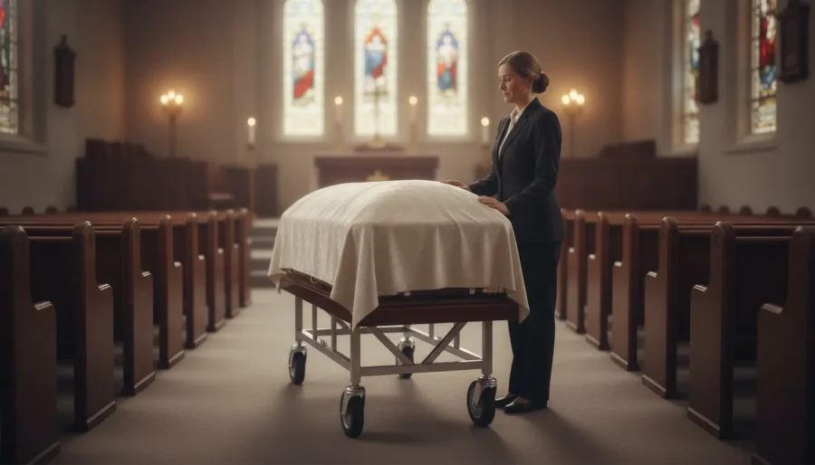 A sturdy anodized aluminum church truck with caster wheels inside a dignified funeral chapel