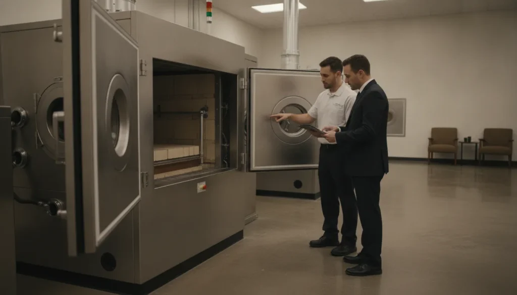 Funeral home operator and technical advisor reviewing cremation equipment