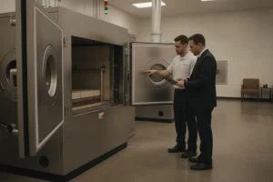 Funeral home operator and technical advisor reviewing cremation equipment