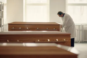 Funeral home preparation professional inspecting a modern stainless steel embalming station in a clean preparation room