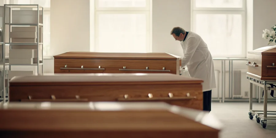 Funeral home preparation professional inspecting a modern stainless steel embalming station in a clean preparation room