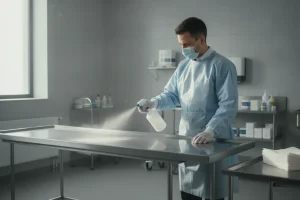 Funeral home professional sanitizing a stainless steel preparation table in a bright mortuary prep room