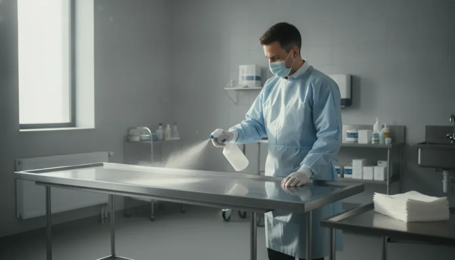 Funeral home professional sanitizing a stainless steel preparation table in a bright mortuary prep room