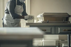 Funeral home preparation professional wearing protective gloves, apron, and face shield at a stainless steel prep table