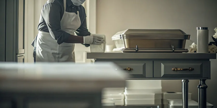 Funeral home preparation professional wearing protective gloves, apron, and face shield at a stainless steel prep table