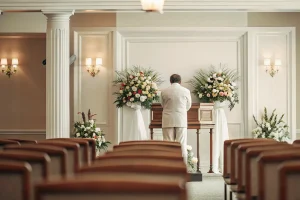 Funeral home chapel interior with padded chairs, podium, and dignified floral display setup