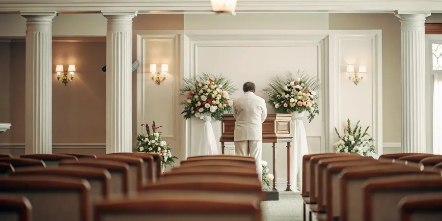 Funeral home chapel interior with padded chairs, podium, and dignified floral display setup