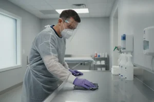Funeral home professional cleaning a preparation-room surface while wearing protective equipment