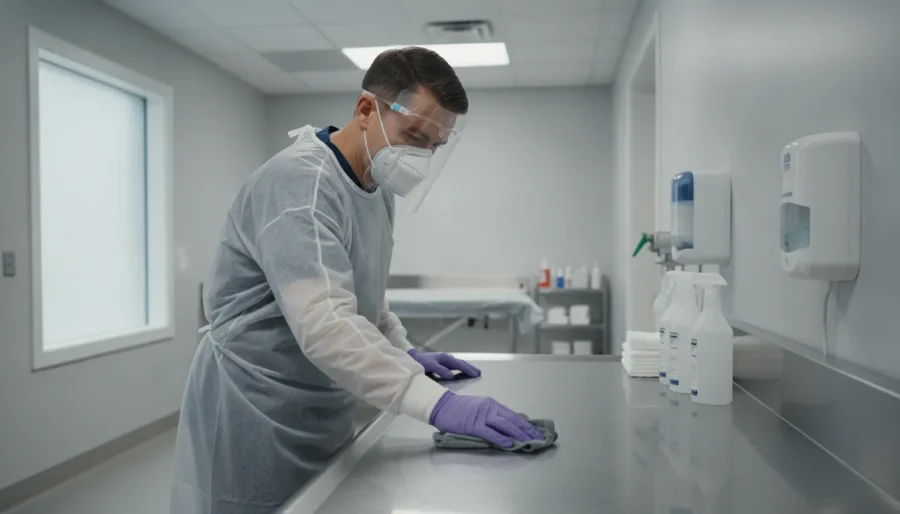 Funeral home professional cleaning a preparation-room surface while wearing protective equipment