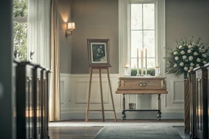 Professional funeral home chapel interior with announcement board and memorial display setup