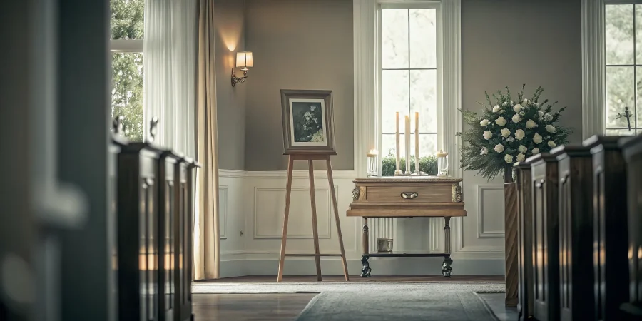 Professional funeral home chapel interior with announcement board and memorial display setup