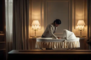 Funeral director gently preparing a small white infant casket with a delicate blanket in a calm preparation room