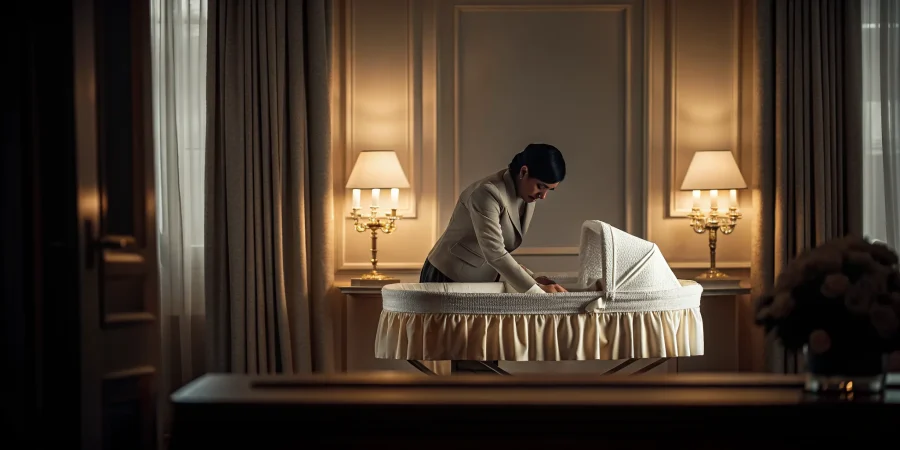 Funeral director gently preparing a small white infant casket with a delicate blanket in a calm preparation room