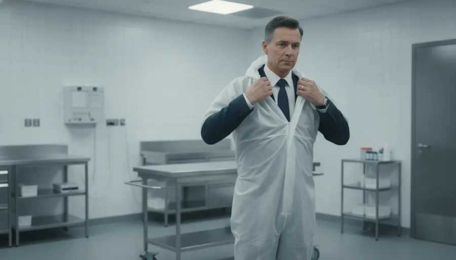 Funeral professional preparing to put on a disposable tyvek suit