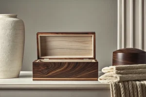 A wooden urn and memorial box representing different types of funeral products.