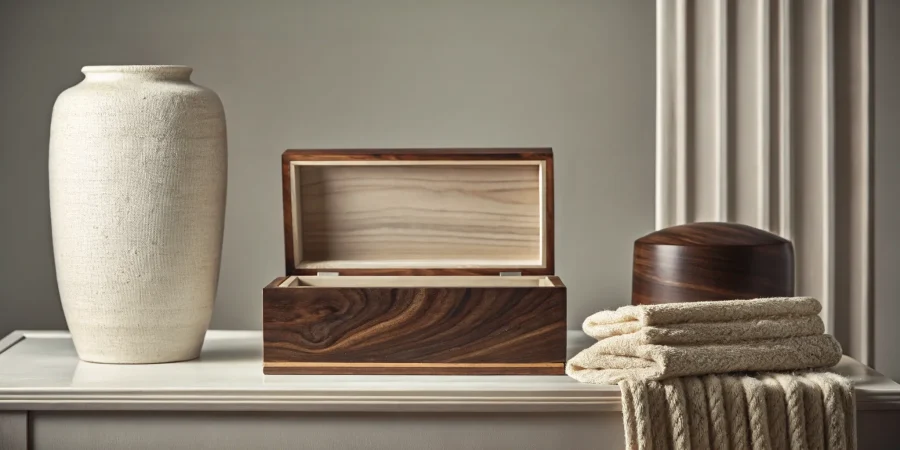 A wooden urn and memorial box representing different types of funeral products.