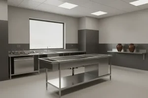 Dedicated cremains processing workstation in a clean crematory preparation room