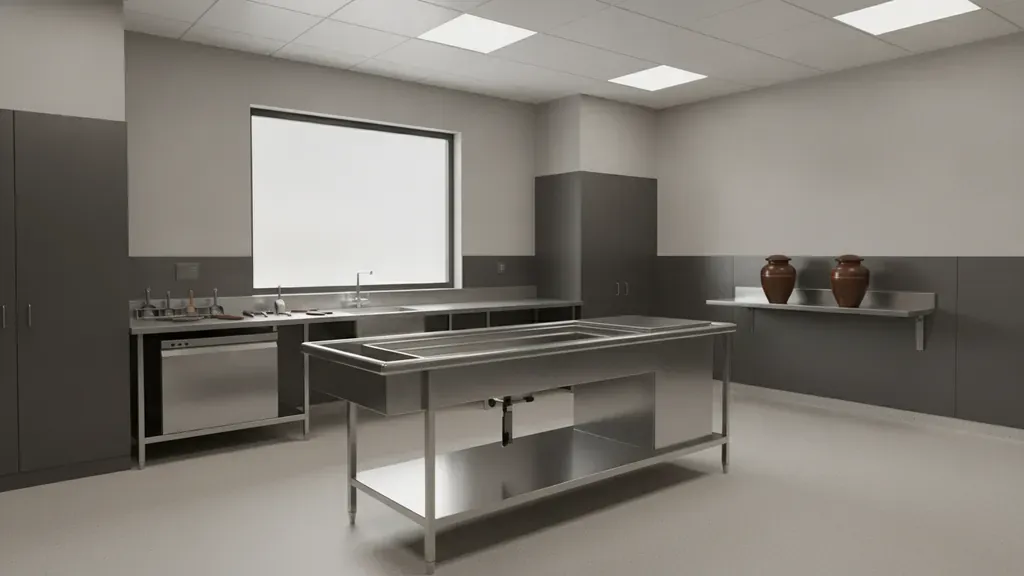 Dedicated cremains processing workstation in a clean crematory preparation room