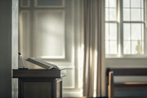 A lectern-style funeral register stand with an open book and microphone in a chapel.
