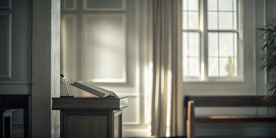 A lectern-style funeral register stand with an open book and microphone in a chapel.