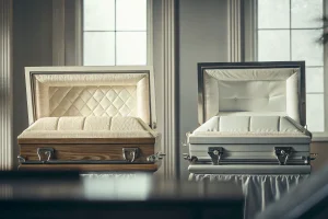 A selection of caskets on display for choosing the right one for a funeral.