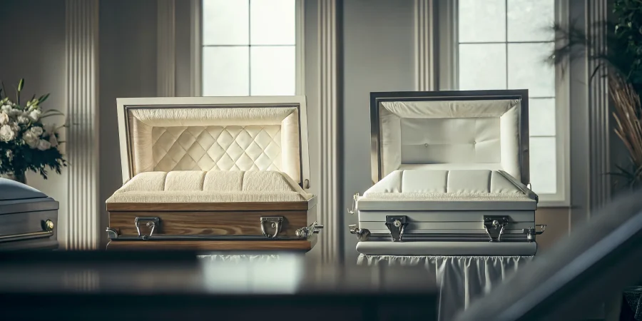 A selection of caskets on display for choosing the right one for a funeral.