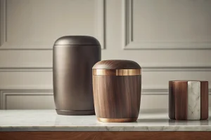 A variety of modern cremation urns made of wood, metal, and marble.