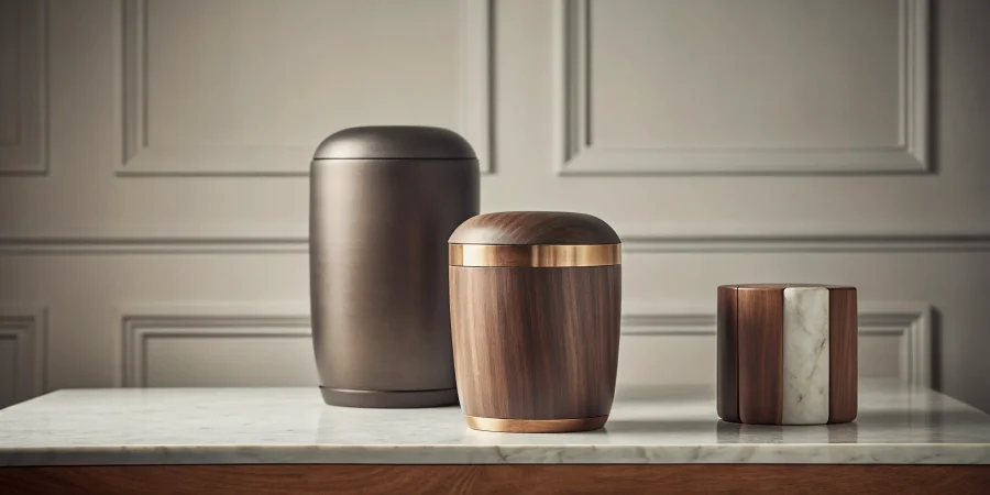 A variety of modern cremation urns made of wood, metal, and marble.