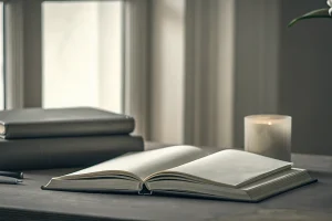 A quality memorial book for a funeral service, open on a table with a pen and flowers.