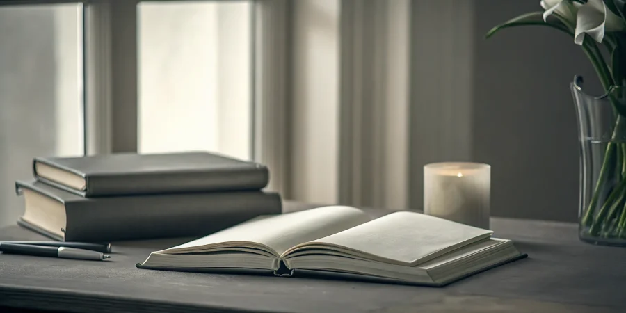 A quality memorial book for a funeral service, open on a table with a pen and flowers.