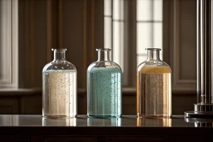 Bottles of different colored arterial embalming fluid, representing various types and index levels.