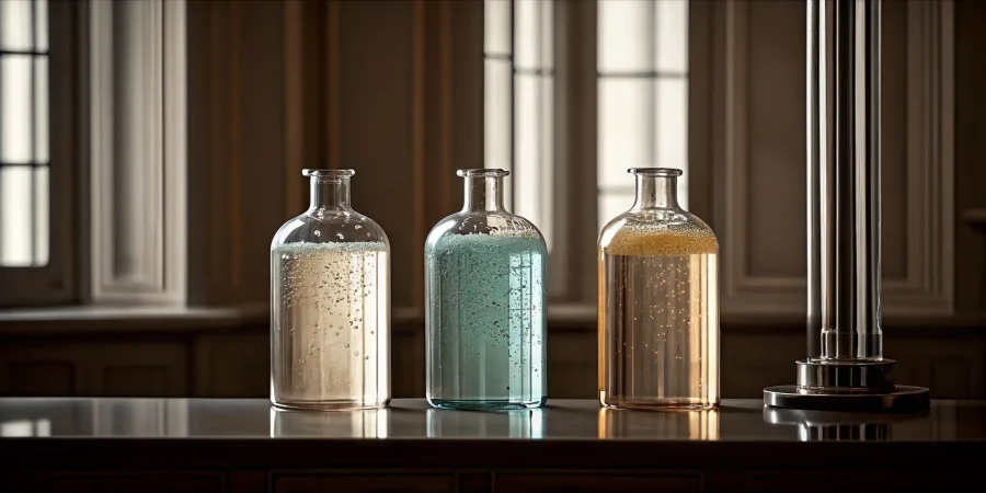 Bottles of different colored arterial embalming fluid, representing various types and index levels.
