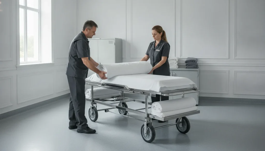 Funeral service professionals staging a BioSeal removal system with a mortuary cot
